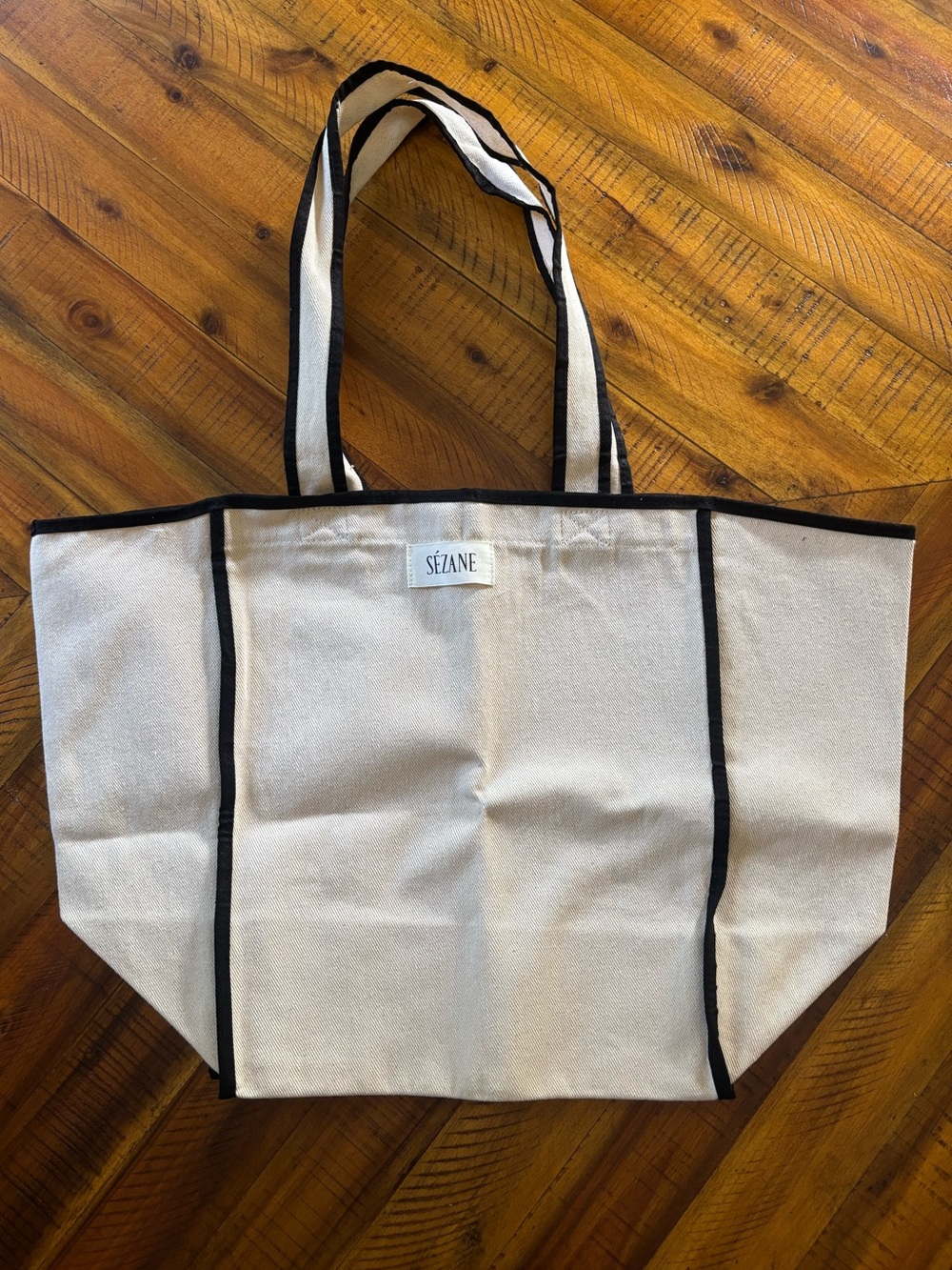 Sezane Cream Canvas Tote with Black Trim